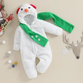 Baby Snowman kostiumas Žieminis šiltas romperis ilgomis rankovėmis su gobtuvu su šaliko rinkiniu Kalėdinė Cosplay apranga