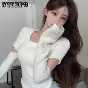 Baltas tuščiavidurių rankovių megztinis Hotsweet Moterų trumpas viršus Seksualus aukštas juosmuo Bamba Atskleisti ploną Korėjos madą Pavasario ruduo