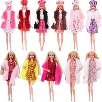 Barbies Doll Dress Fashion Mini Plush Coat+Sequin Sijonas +Akiniai 11.8Inch Amerikos lėlių drabužiai 1/12 BJD mergaičių 