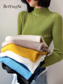 Beiyingni pavasario rudens megztinio megztinis Moterys Slim Fit Korėjietiškas trikotažas Džemperis Basic Slim Fit Half Turtleneck Minkštos megztos viršūnės