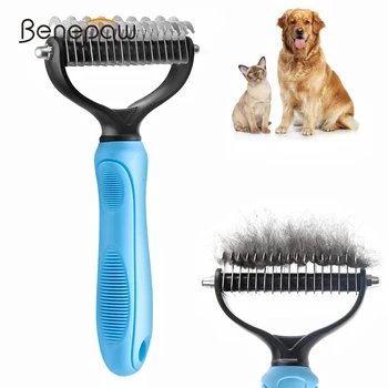 Benepaw Profesionalus šunų apatinio sluoksnio grėblys Naminių gyvūnėlių priežiūros įrankis 2-Sided shedding Dematting Šukos šepetys dvigubam kailiui Ilgi plaukai