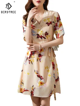 Birdtree Heavyweight 100%Tikros šilko elegantiškos vakarėlių suknelės Moterys Gėlių spauda Mada Atostogos Retro suknelė Vasaros ruduo D3N136QM
