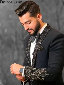 Black Luxury Handmade Beading Crystal Men Suits Two Pieces Man Blazer(Švarkas+Kelnės)