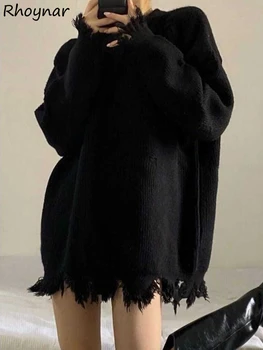 Black Pullovers Women Loose Lazy Tassel Baggy Knitted Casual Korean Style ilgomis rankovėmis Girlish Hotsweet All-match Fashion Hole