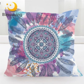 BlessLiving Mandala plunksna Dekoratyvinis metimo pagalvės užvalkalas Rožinė mėlyna violetinė pagalvės užvalkalas Hipių kvadratas Mesti pagalvėlės užvalkalas sofai