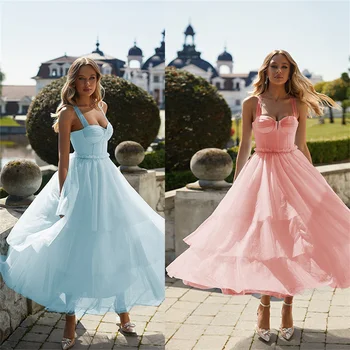 Blue Shoulder Strap Wedding Prom suknelės A Line Sexy Backless Multi Layer Tulle Formal Party Evening Gown вечерние платье Турции