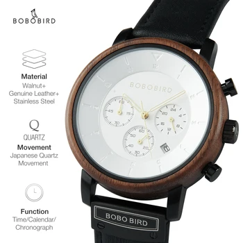 BOBO BIRD Vyriškas laikrodis Populiariausias prabangus medinis laikrodis Japoniškas judesys Kvarcinis rankinis laikrodis Man Chronografas Dovanų pristatymas