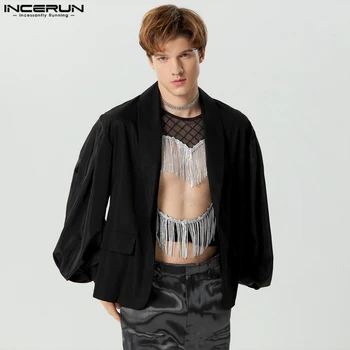 Casual Stylish Style Tops INCERUN Handsome New Men Bubble Sleeve Splicing Design Suit Paltai Sexy Solid Ilgomis rankovėmis Blazer S-5XL