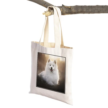 Casual White Dog Samojedų moterų pirkinių krepšiai Mielas naminis gyvūnas Dvigubas atspaudas Daugkartinio naudojimo drobė Lady Pirkėjų krepšiai Tote rankinė