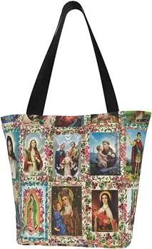 Catholic Saints Images Crew Daugkartinio naudojimo krepšys Moterys Didelė laisvalaikio rankinė Krepšiai per petį apsipirkti Maisto produktai Kelionės lauke