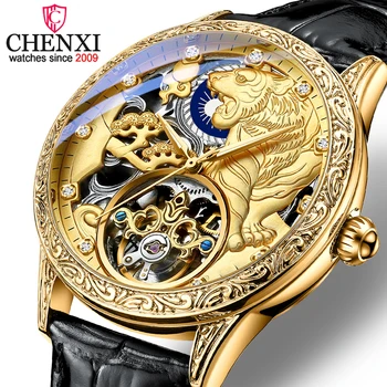 CHENXI Vyriški laikrodžiai Automatiniai mechaniniai vandeniui atsparūs odiniai dirželiai Verslo laikrodis Vyriški prabangūs auksiniai šviečiantys rankiniai laikrodžiai