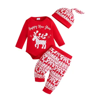 Christmas Newborn Boys Girls Clothes Set Infant Toddler Baby Long Sleeve bodyper + Pants + Hat Cotton Clothing Suit 0-18 Months