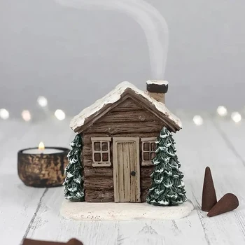 Christmas Winter Log Cabin Incense Cone Burn Christmas Chimney Hut Incense Cone Burner Table Centerpiece Display Xmas Decor