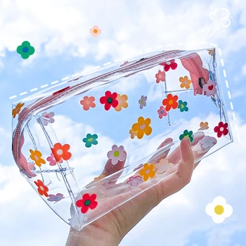 Clear Makeup Bag Fashion Transparent Travel Portable Mini Wash Storage Bags Strawberry Flower Print Women Zipper Cosmetic Bag