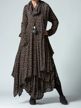 Cowl Neck Asymmetrical Hem Women Plus Size Dress Allover Print Suknelė ilgomis rankovėmis Plisuota A-Line Autumn Vintage Casual Dress 2023