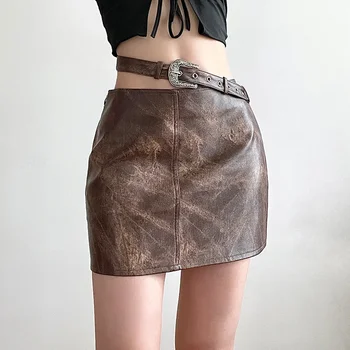 Cozok Vintage PU odiniai sijonai su diržu Y2k Grunge Moteriški A linijos Bodycon mini sijonai aukštu liemeniu 2023 Rudens seksualūs gatvės drabužiai