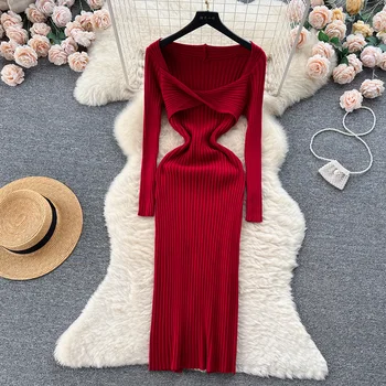 Croysier Midi suknelės moterims 2023 Twist Neck Megztos suknelės Rudens žieminiai drabužiai ilgomis rankovėmis Elegantiška seksuali Bodycon suknelė
