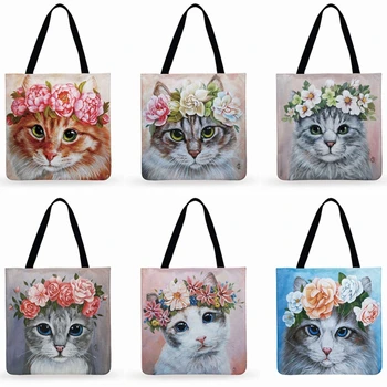 Daugkartinio naudojimo pirkinių krepšys Katė gėlėje Atspausdintas Tote krepšys Ponios pečių krepšys Lino audinio krepšys Lauko paplūdimio krepšys Kasdienis rankinis krepšys