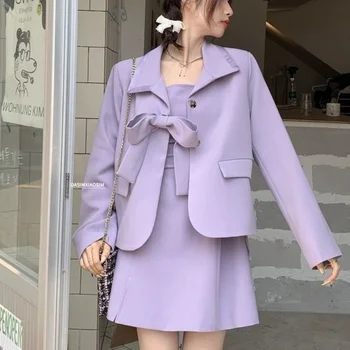 DAYIFUN Lady Purple Bowknot suits Spring Elegant Blazer ilgomis rankovėmis ir dirželiu Suknelė Dviejų dalių komplektas Madingi moteriški drabužiai