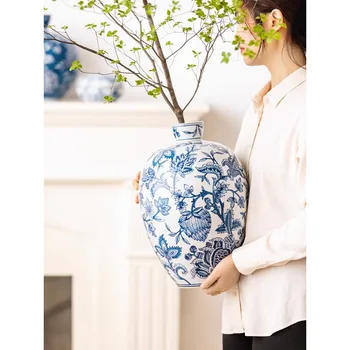 Derliaus namelis Mėlynas ir baltas porcelianas Apvalus pilvas Vazos dekoravimas Namai Naujas kinų stiliaus svetainės gėlių kompozicija,