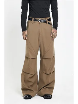 Design Sense Casual Pants Autumn Twill Pleats Loose Straight Leg Micro-Cropped Suit Pants