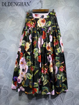 DLDENGHAN Pavasario gėlių spauda Sicilija 100% medvilninis sijonas moterys aukštu liemeniu gėlių atspaudas Vintažinis ilgas sijonas Mados dizaineris Naujas