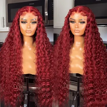 Dėvėkite ir eikite be klijų: Žmogaus plaukų perukas 13x4 99J Burgundija Laisvas gilių bangų nėrinių priekis Žmogaus plaukų perukas Raudona spalva Garbanotas Perukas moterims