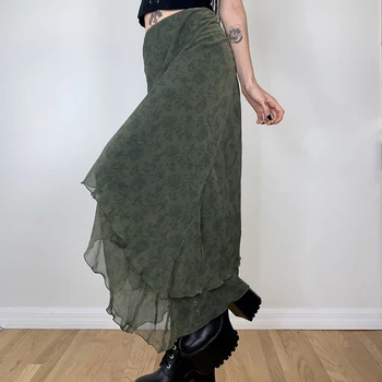 Elegant Lady Netaisyklingas aukštas juosmuo Midi sijonai Grunge 2000-ųjų estetika Raukiniai Šifono sijonas Vitnage Gatvės drabužiai Žalieji drabužiai