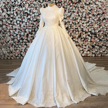 Elegant Musilm High Neck A-Line Satin Appliques Vestuvinė suknelė 2023 Saudo Arabija ilgomis rankovėmis Moteriški nuotakos chalatai Vestidos De Novia