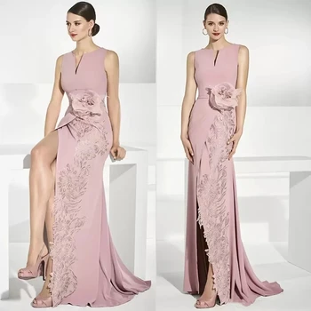 Elegantiška rožinė ilga nuotakos suknelių motina šoninis plyšys be rankovių gėlių nėrinių aplikacija Undinėlė Vestuvių svečių chalatai Prom suknelė