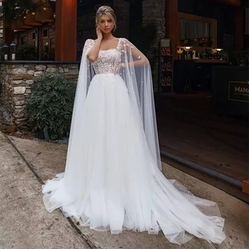 Elegantiška vestuvinė suknelė ilgomis tiulio rankovėmis Mieloji 3D aplikacija Nuotakos suknelė Karoliukas Tiulis su šluota Traukinio chalatas De Mariée