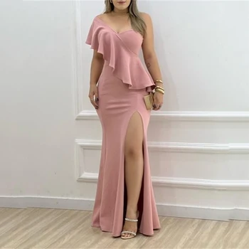 Elegantiška vientisos spalvos Higt juosmens nerija Bodycon Slim Moterų vakarinė suknelė Seksuali krūtinė Apvyniota nuo pečių Apvyniota Klubo sijonas Vakarėlio suknelė