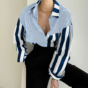 Elegantiškas atverčiamas apykaklės mygtukas Moteriškos palaidinės Pavasarinės stried Print Vintage Top Cardigan Rudens ilgomis rankovėmis Laisvi gatvės marškiniai