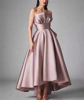 Elegantiškos hi-lo rožinės satino vakarinės suknelės su kišenėmis A-line šukuotos asimetriško ilgio vestuvinė svečių suknelė moterims