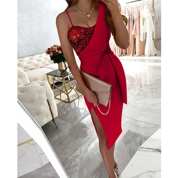 Elegantiškos suknelės moteriai Raudoni blizgantys blizgučiai Vieno peties šono plyšys Vidutinio blauzdos ilgio Vestuvinės vakarėlio suknelės 2022