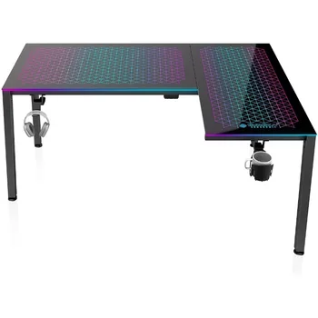 ERGONOMIC Music Sensoring RGB LED žibintai Stiklinis žaidimų stalas, 60 colių L formos apverčiamas viršus