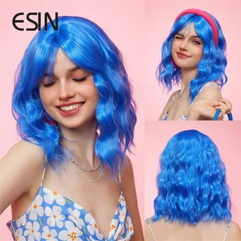 ESIN Sintetiniai mėlyni banguoti Bobo perukai Vidutinio ilgio laisvas kūno bangų perukas su kirpčiukais Cosplay Daily Natūralūs perukai moterims