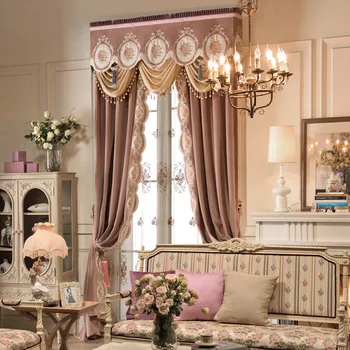 europietiško stiliaus itališko aksomo siuvinėto audinio užuolaidos Rožinis miegamasis įlankos langas Užtemdytas Vila Aukštas langas Aukštos klasės prabanga