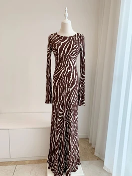 EVACANDIS 100% Šilko blyksnis ilgomis rankovėmis plonas juosmuo Moterys Zebra Print Ilga suknelė Lady Maxi suknelė