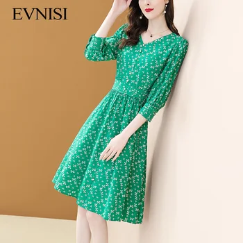 EVNISI Vintage Green Printed Floweral Dress Women 2022 Pavasaris ir vasara Naujos elegantiškos V formos Boho suknelės moterims