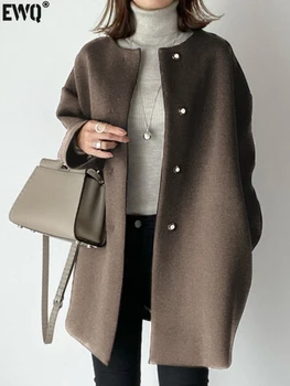 [EWQ] Prašmatnios moterys Vilnonis paltas ilgomis rankovėmis Viengubas krūtinė Laisvas Storas paltas Apatiniai drabužiai Šiluma Paltas Striukė 2023 Rudens žiema