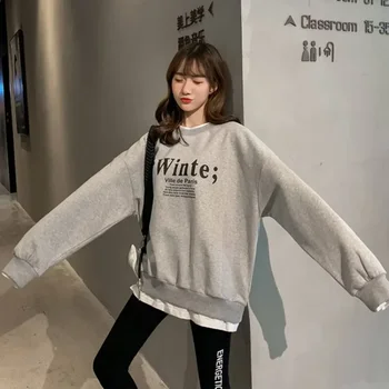 Fake Two Pieces Hoodie Women O-neck Letter Print Sweatshirt Autumn Streetwear Harajuku Korean Fashion Hip Hop Basic Ins Hoodies