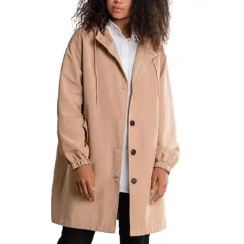 Fall Windbreaker Women Solid Color Hooded Windproof Windproof Loose Thin Long Sleeve Drawstring Pockets Jacket Lady Trench Coat 2023