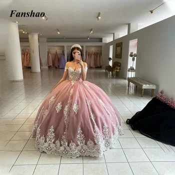 Fanshao Ball chalatai Prabangios suknelės mergaitėms15 Saudo Arabijos arabų tiulio aplikacijos Suvarstomi be nugaros saldūs 16 Vestidos De Fiesta