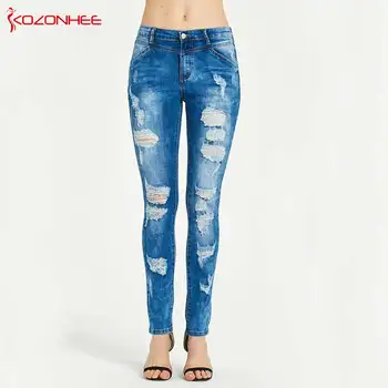 Fashion Stretch Hole Skinny moteriški džinsai Su aukštu juosmeniu Elastingumas suplėšytas Nelaimingas laisvalaikio tvarstis Džinsai plius dydis #51