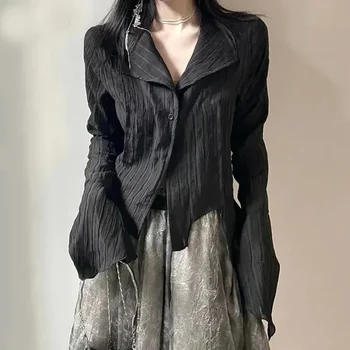 Fashion Women Black Shirts Gothic Korean Dark Academic Female Designed Irregular Tops Spring Streetwear Y2K Palaidinė