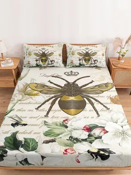 Flower Bee Vintage Letter Fitted Bed Cover Elastic Band Anti-Slip Mattress Protector for Single Double King