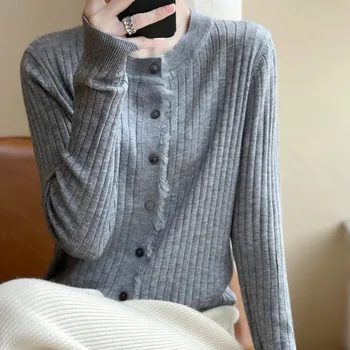 Fringe apvalaus kaklo megztinis 2023 rudens naujas megztinis plonomis rankovėmis moteriškos vilnos vienspalvis paltas