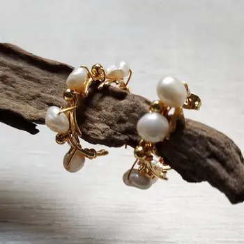FUWO Rankų darbo moteriški gėlavandenių perlų auskarai,Gražūs auksiniai karoliukai Vėjo alyvmedžio šakos papuošalai moterims (ER535)