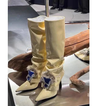 Geltoni kailio dekoro batai Lakuotos odos batai Plonas aukštakulnis Kelio aukštoji mada 2023 m. vasaros laisvalaikio didelio dydžio moteriški batai Zapatillas Mujer